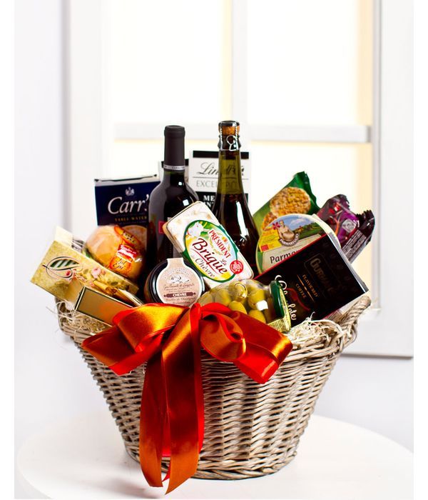 Basket with gourmet and wine