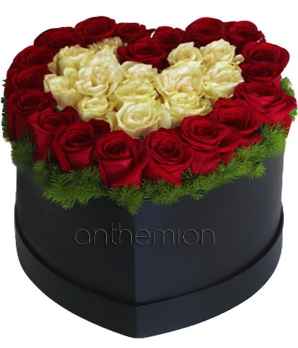 Heart with white and red roses in box