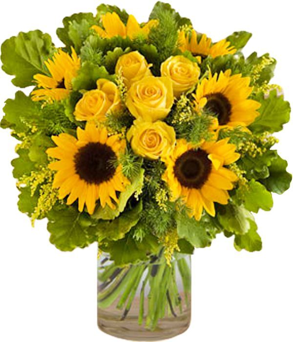 Bright yellow roses with sunflowers