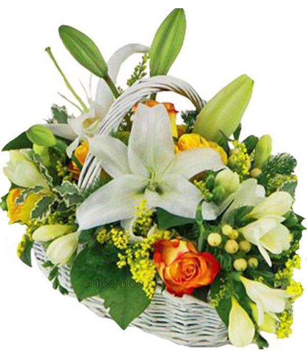 Basket with orange and white flowers