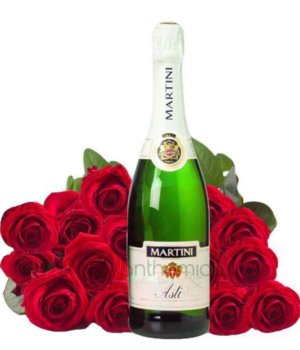 15 red roses with sparkling wine