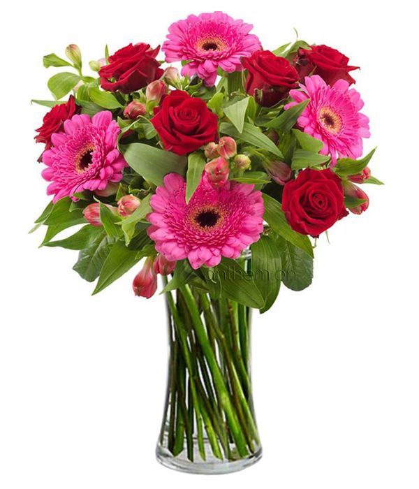 Pink gerberas with red roses