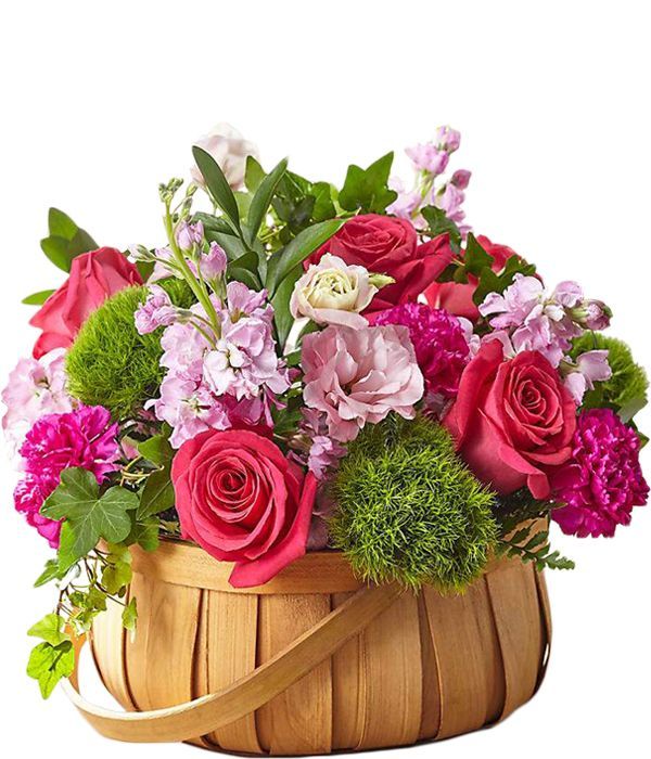 Καλάθι με λουλούδια σε ροζ|λιλά αποχρώσεις