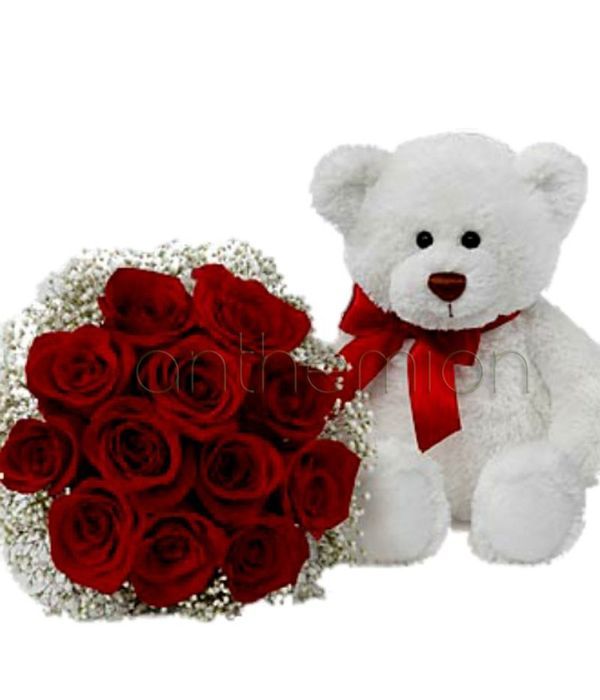 Red roses with teddy bear