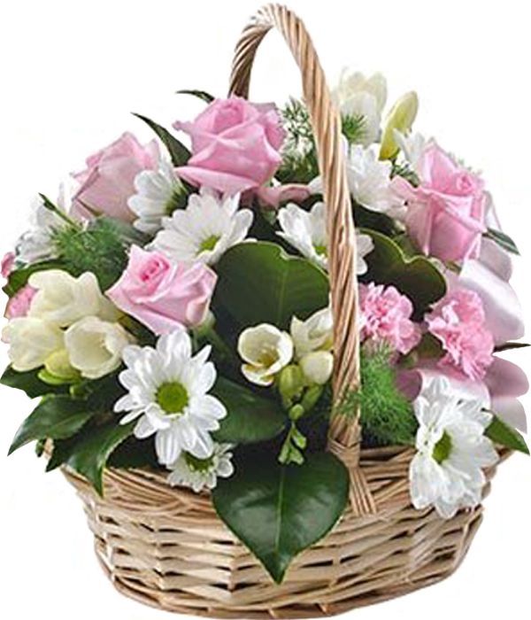 Σύνθεση με ροζ και λευκά άνθη σε καλάθι