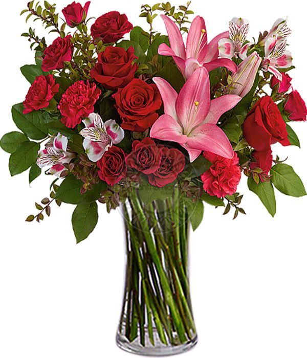 Πλούσιο μπουκέτο με ροζ και κόκκινα λουλούδια