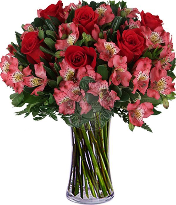 Ευχές με κόκκινα τριαντάφυλλα και ροζ αλστρομέριες