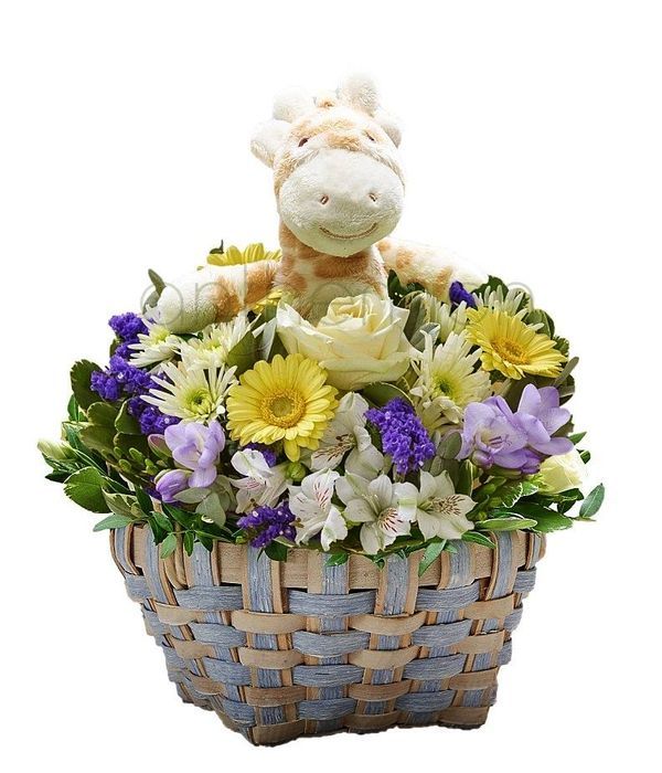 Blue flowers and toy in charming basket