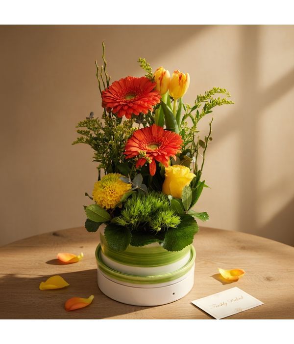 Κεραμική βάση με πιατάκι και ζωηρά λουλούδια