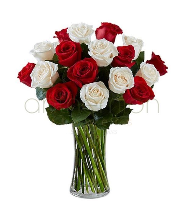 Vasia with red and white roses