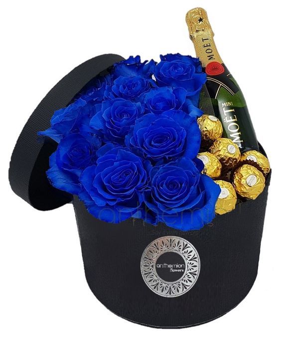 Blue gift in a box and moet