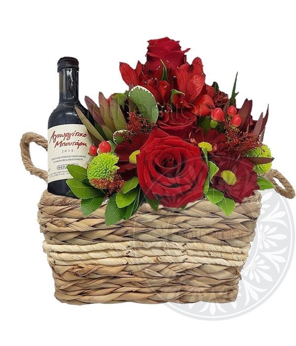Floral arrangement with wine