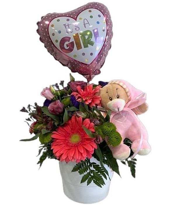 Flower arrangement for baby girl with balloon and teddy bear