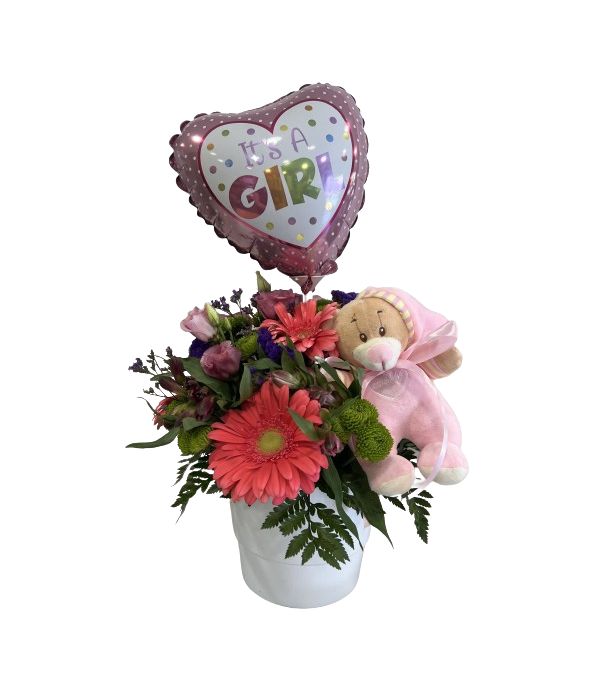 Flower arrangement for baby girl with balloon and teddy bear