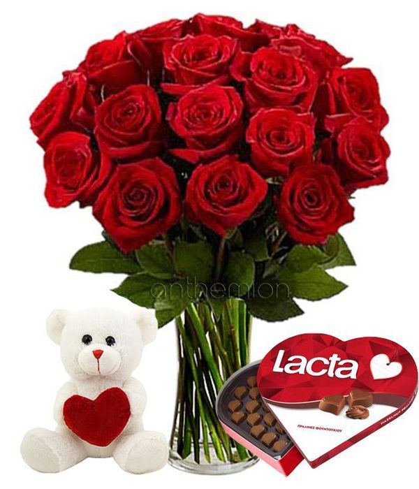 24 κόκκινα τριαντάφυλλα με σοκολατάκια και αρκουδάκι