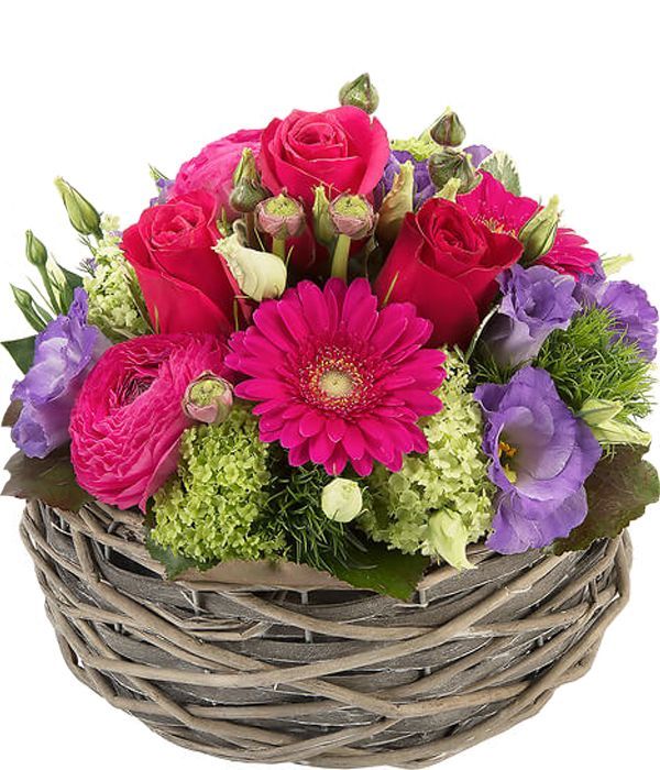 Basket with purple and fuchsia flowers