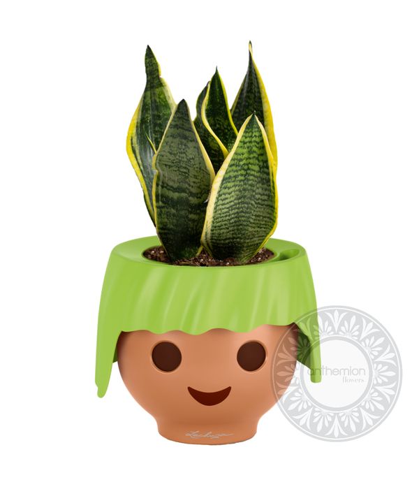 Green playmobil head pot with plant