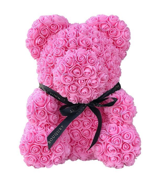 Fuchsia teddy bear with synthetic roses 45 cm.