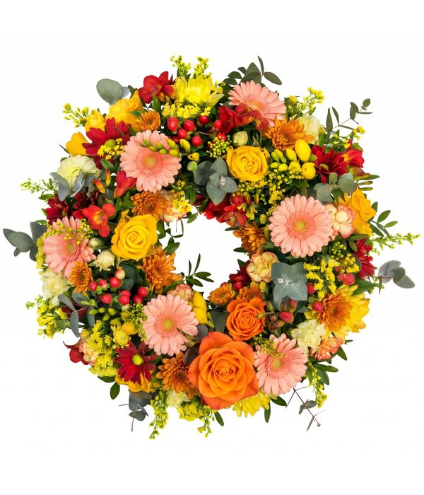 πρωτομαγιατικο-στεφανι-με-πολυχρωμα-λουλουδια-ζερμπερες-τριανταφυλλα-και-κιτρινα-ανθη