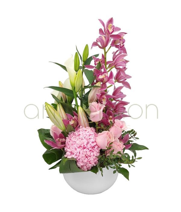 Tall arrangement in fuchsia and pink