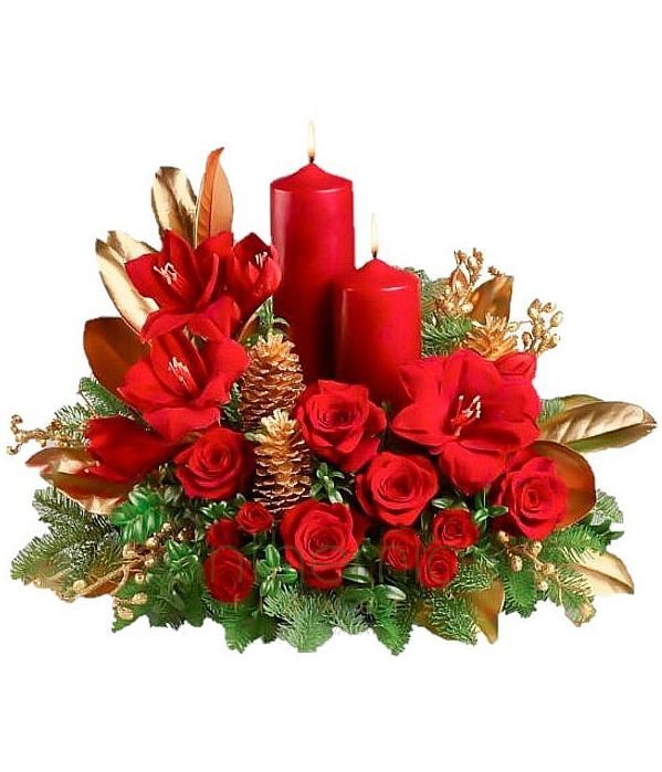 Festive centerpiece of reds, golds and greens 