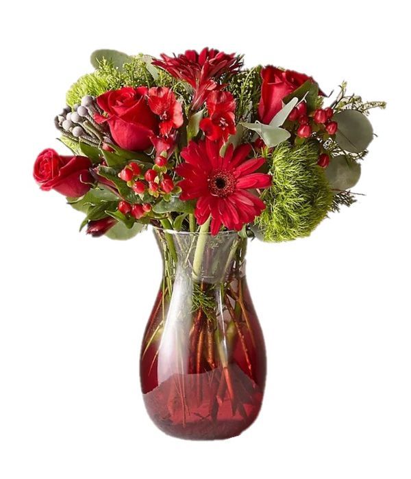 Spruced Deluxe Up Bouquet with Red Vase