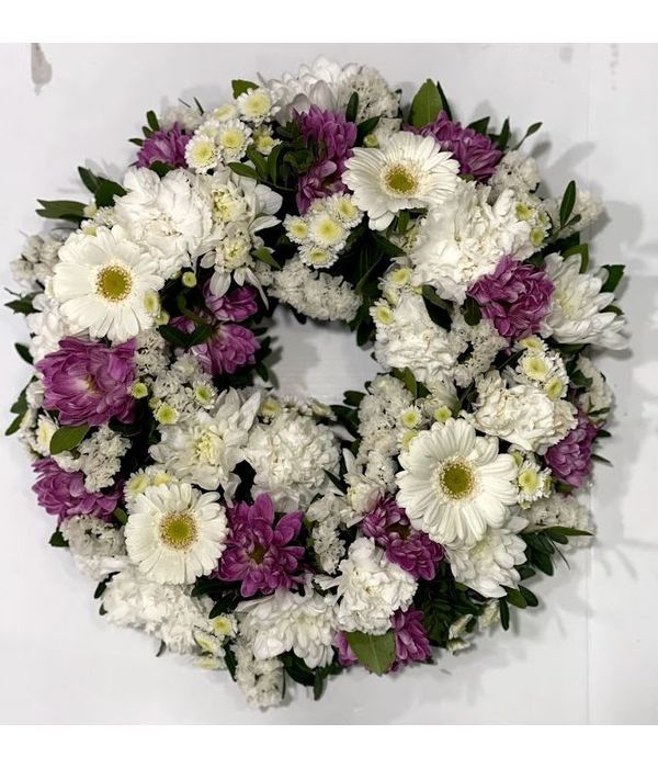 May Day wreath in white, lilac and purple