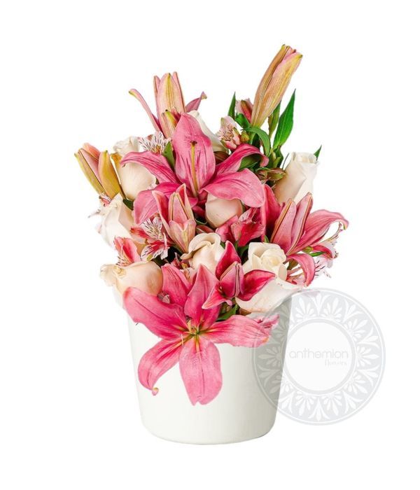 Pink flower arrangement in pot