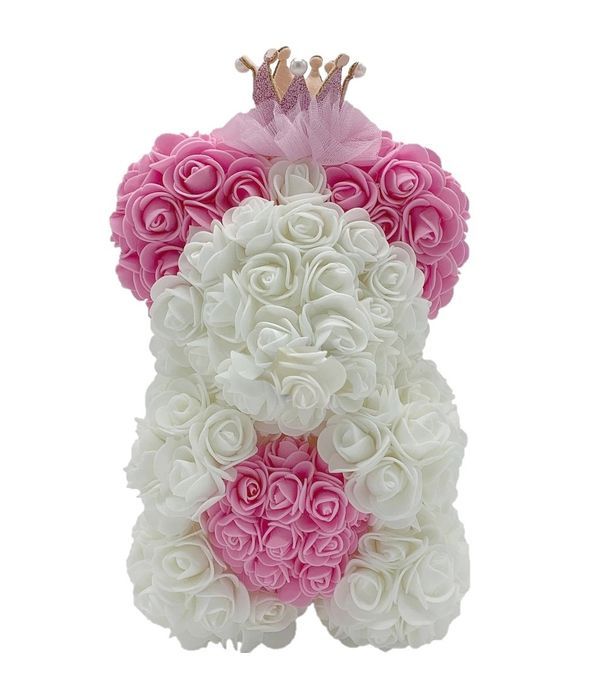 Λευκό/ροζ αρκουδάκι με συνθετικά τριαντάφυλλα 25 εκ.