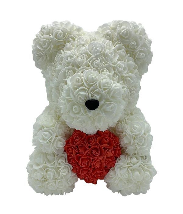Λευκός  αρκούδας με συνθετικά τριαντάφυλλα και καρδιά 45εκ