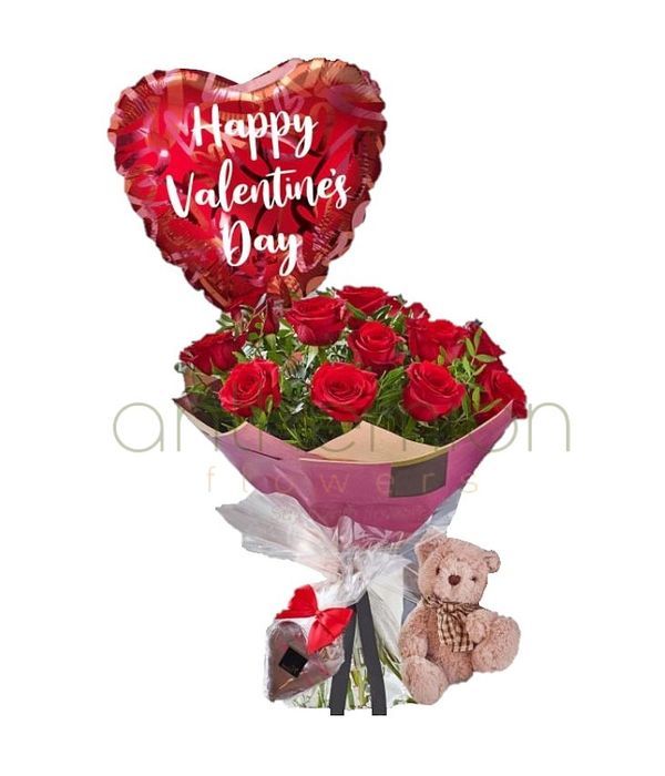 Valentine's 12 red rose hand-tied gift set
