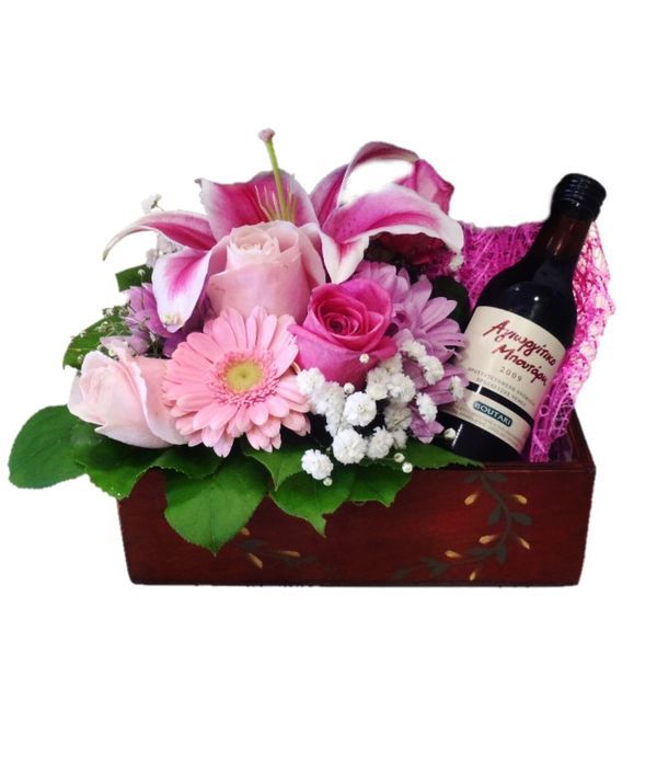 Pink Flowers with a bottle of Wine